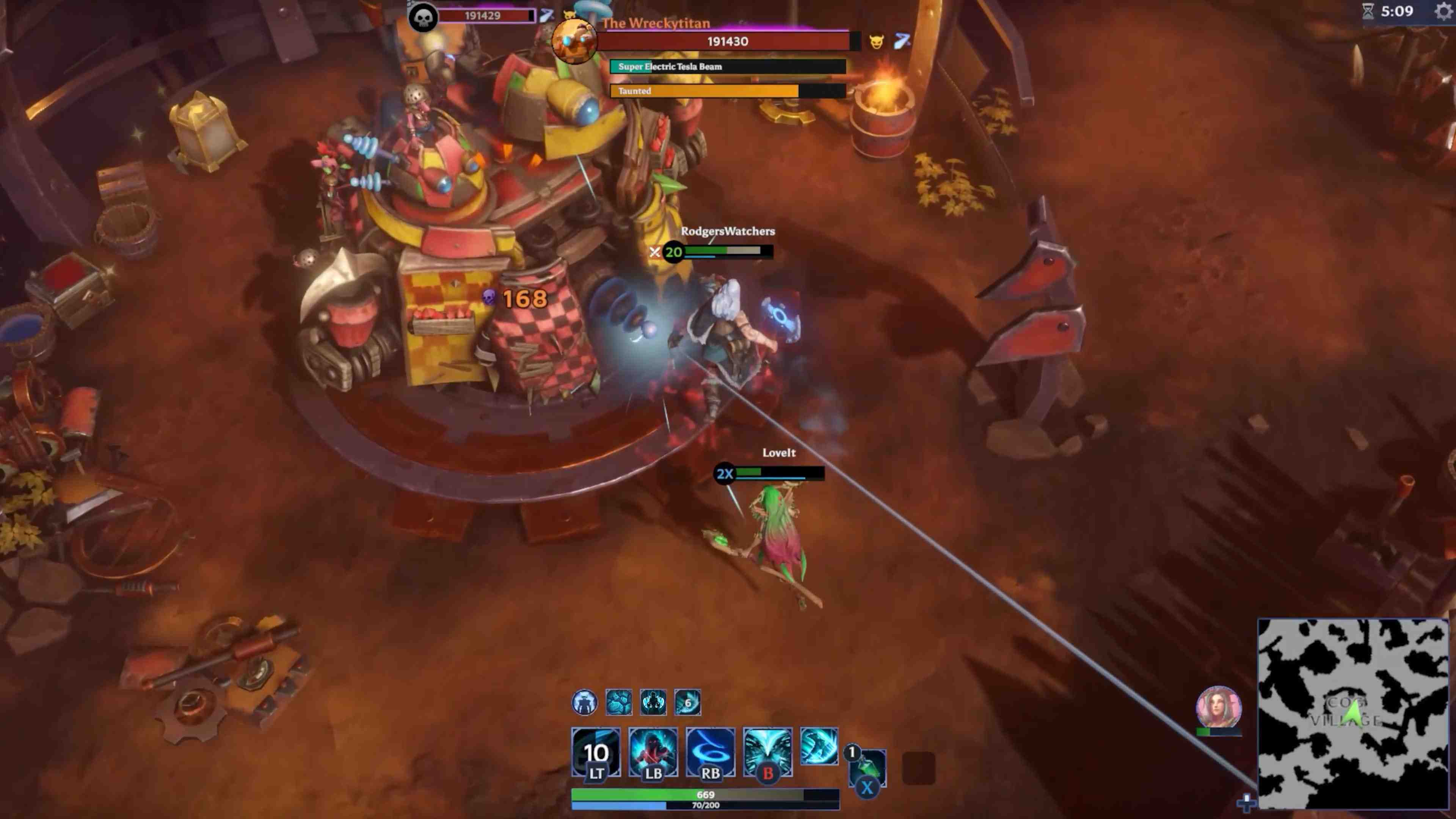 In game screenshot of a team attacking a boss.