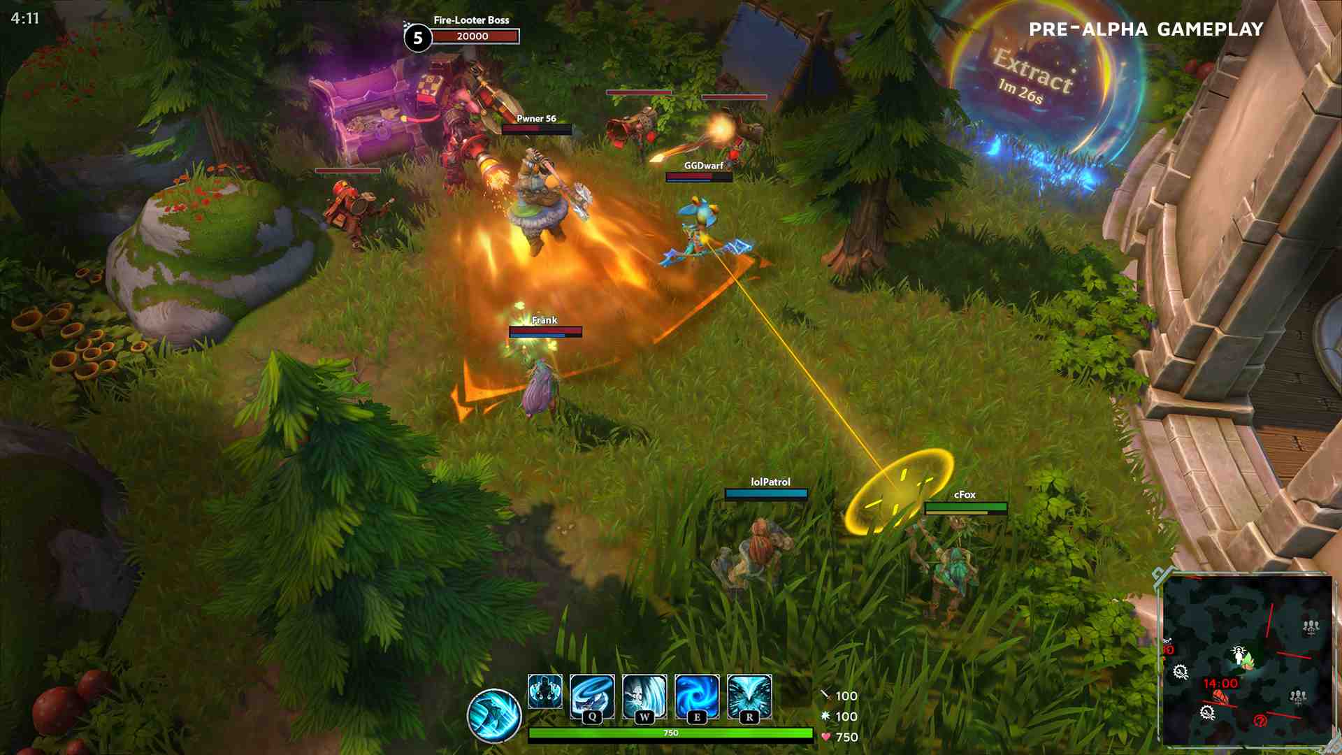 In game screenshot of two teams facing a Fire-Looter Boss besides an extract portal.